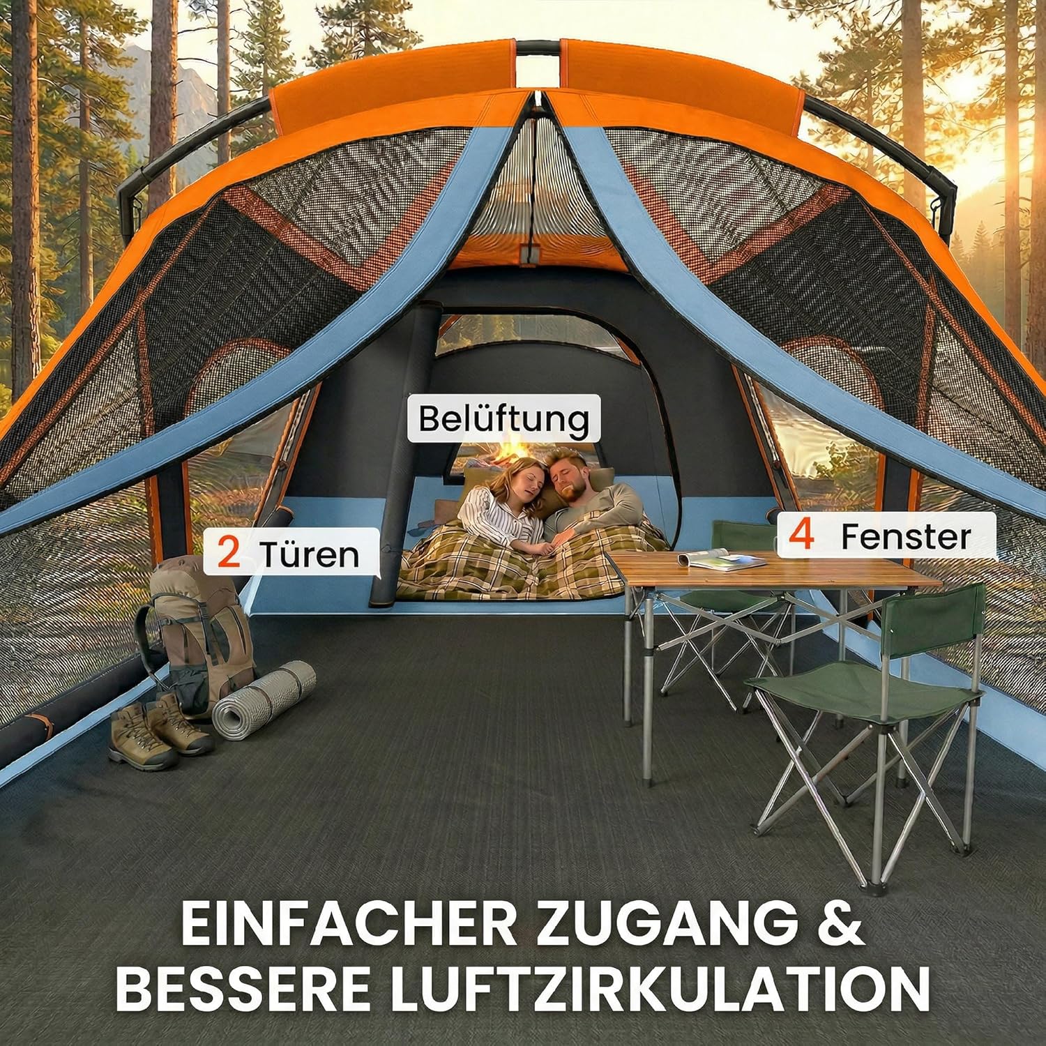 Outsunny Tunnelzelt 4 Personen Familienzelt mit Schlaf- und Wohnzimmer Dachfenstern Bodenplane Stehhöhe 3000 mm Wassersäule, wasserdicht Campingzelt mit Tragetasche Camping Zelt für Cmping Orange+Blau — Ansicht 5