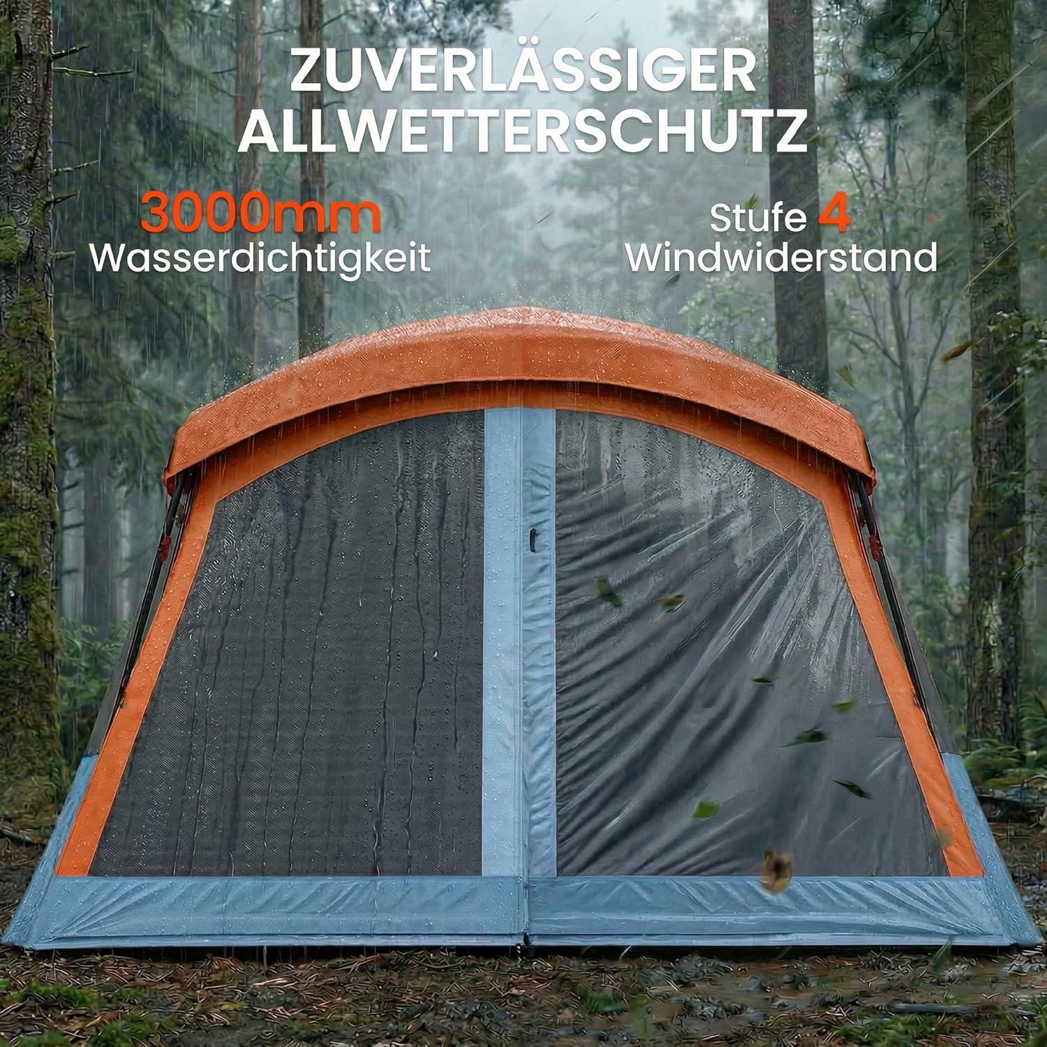 Outsunny Tunnelzelt 4 Personen Familienzelt mit Schlaf- und Wohnzimmer Dachfenstern Bodenplane Stehhöhe 3000 mm Wassersäule, wasserdicht Campingzelt mit Tragetasche Camping Zelt für Cmping Orange+Blau — Ansicht 6