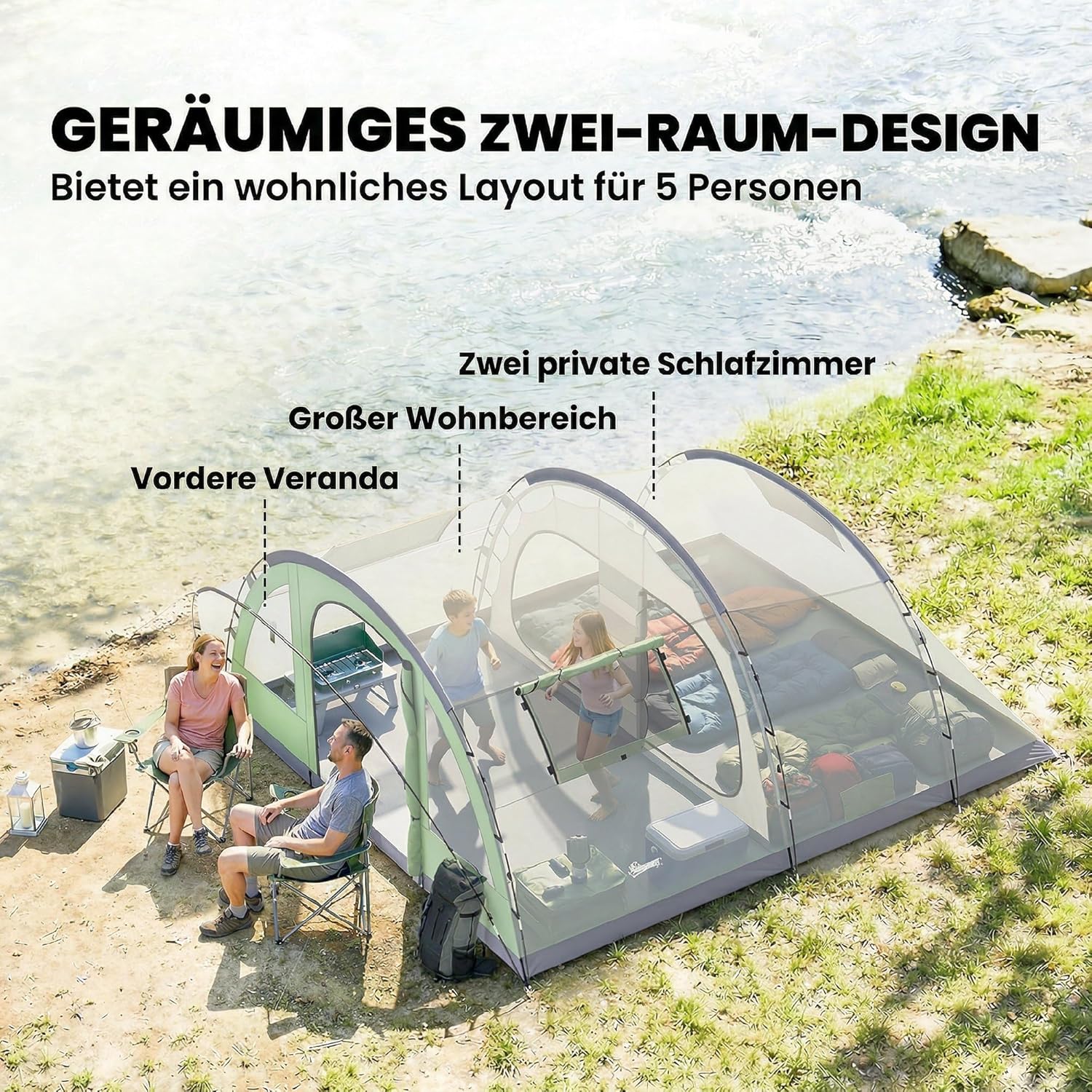 Outsunny Tunnelzelt 5 Personen Familienzelt mit 2 Schlafkabine Vorzelt 4 Fenstern Bodenplane Stehhöhe 3000 mm Wassersäule wasserdicht Campingzelt mit Tragetasche Camping Zelt für Cmping Hellgrün — Ansicht 3