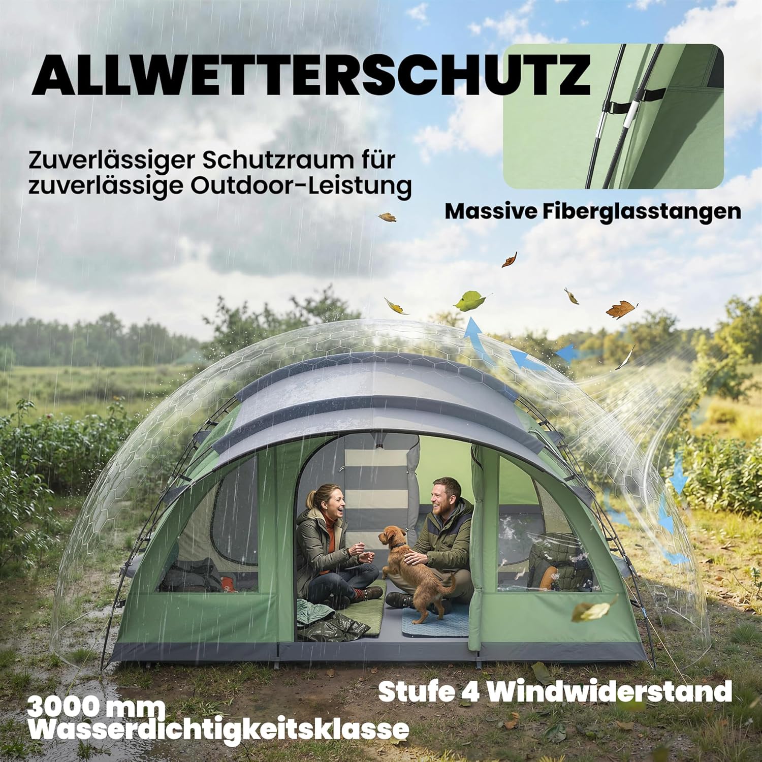Outsunny Tunnelzelt 5 Personen Familienzelt mit 2 Schlafkabine Vorzelt 4 Fenstern Bodenplane Stehhöhe 3000 mm Wassersäule wasserdicht Campingzelt mit Tragetasche Camping Zelt für Cmping Hellgrün — Ansicht 5