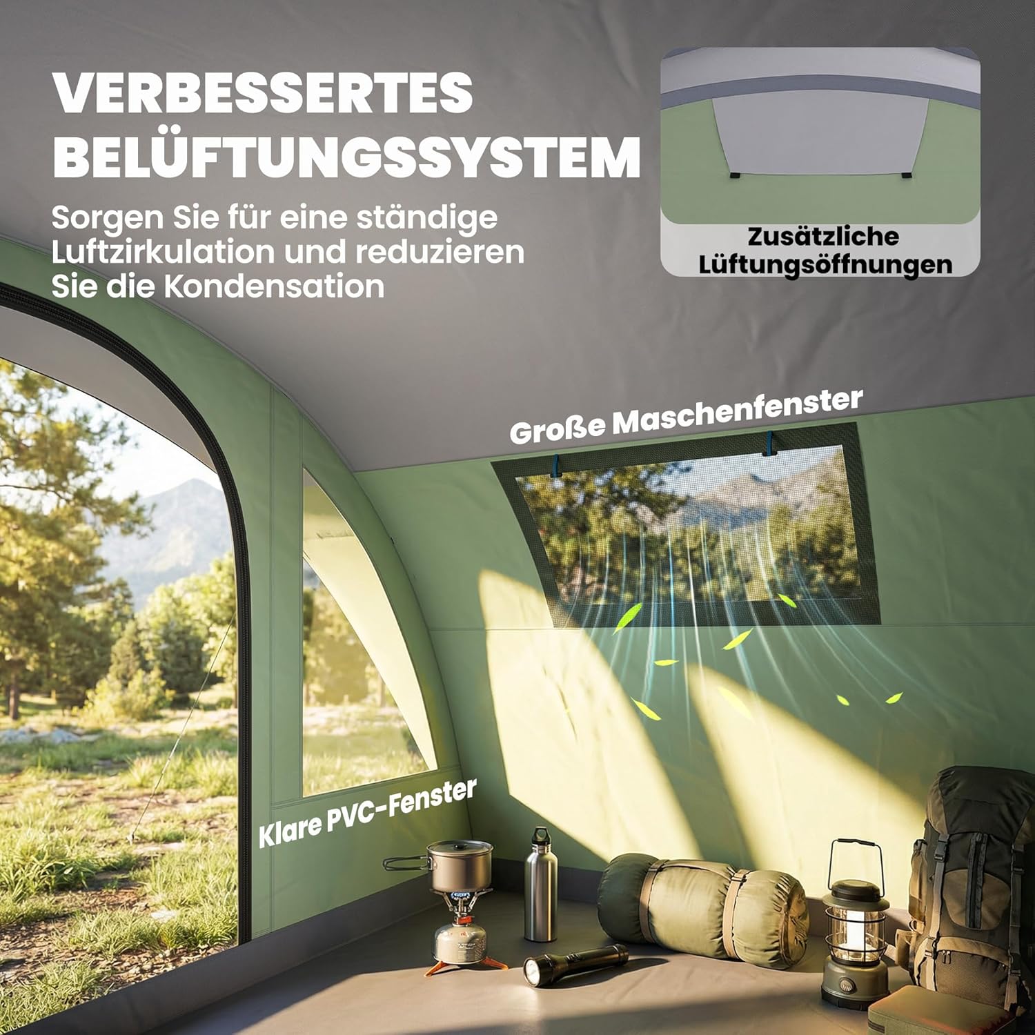 Outsunny Tunnelzelt 5 Personen Familienzelt mit 2 Schlafkabine Vorzelt 4 Fenstern Bodenplane Stehhöhe 3000 mm Wassersäule wasserdicht Campingzelt mit Tragetasche Camping Zelt für Cmping Hellgrün — Ansicht 6
