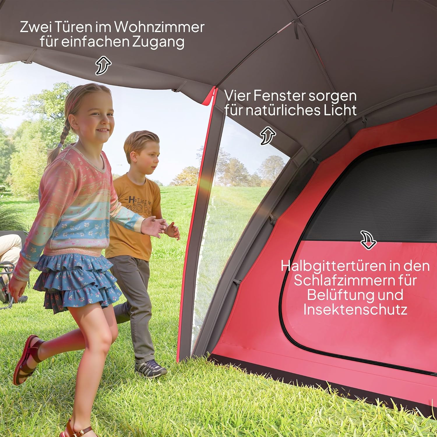 Outsunny Tunnelzelt, Campingzelt für 4-6 Personen, mit 3 Räumen, Lichthaken, Gruppenzelt mit Doppeltüren, 3000mm Wasserabweisend Familienzelt, für Garten, Campingplatz, Grau — Ansicht 5