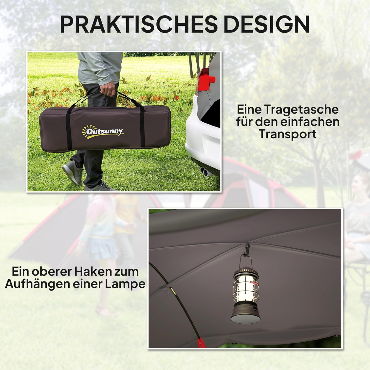 Outsunny Tunnelzelt, Campingzelt für 4-6 Personen, mit 3 Räumen, Lichthaken, Gruppenzelt mit Doppeltüren, 3000mm Wasserabweisend Familienzelt, für Garten, Campingplatz, Grau — Ansicht 6